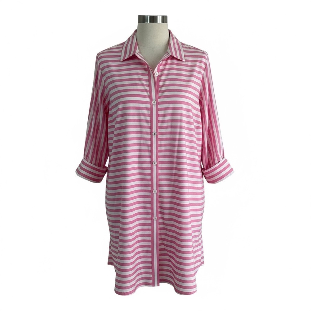 Foxcroft Womens Pink Stripes Non Iron Button Down Shirt Sz 16W Career Wear - Picture 2 of 9